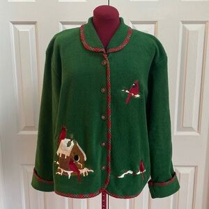 Vtg Mandal Bay Green Fleece Button Up Sweater Cardinals Winter Christmas Sz XXL